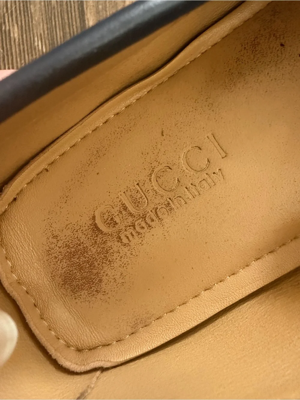 Gucci Navy Leather Penny Loafers with Embossed Logo